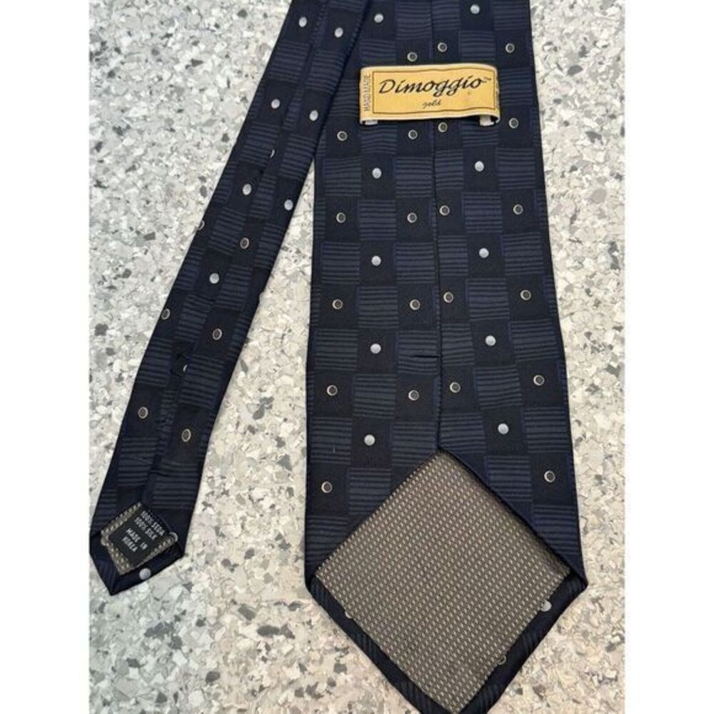 Vintage DiMoggio Hand Made Pure‎ Silk Tie Black Gray Blue Geometric Dot Print